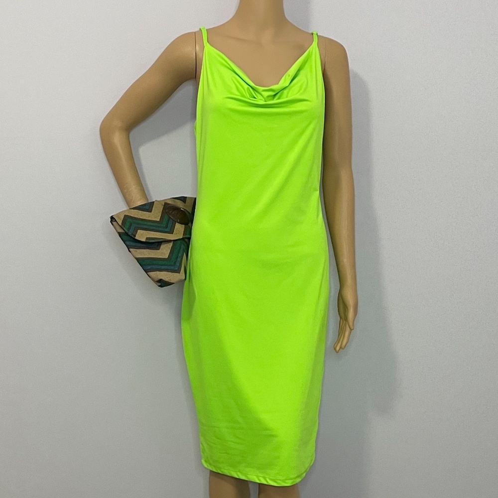 Y2K electric green adjustable spaghetti strap cowl neck sheath spandex dress!